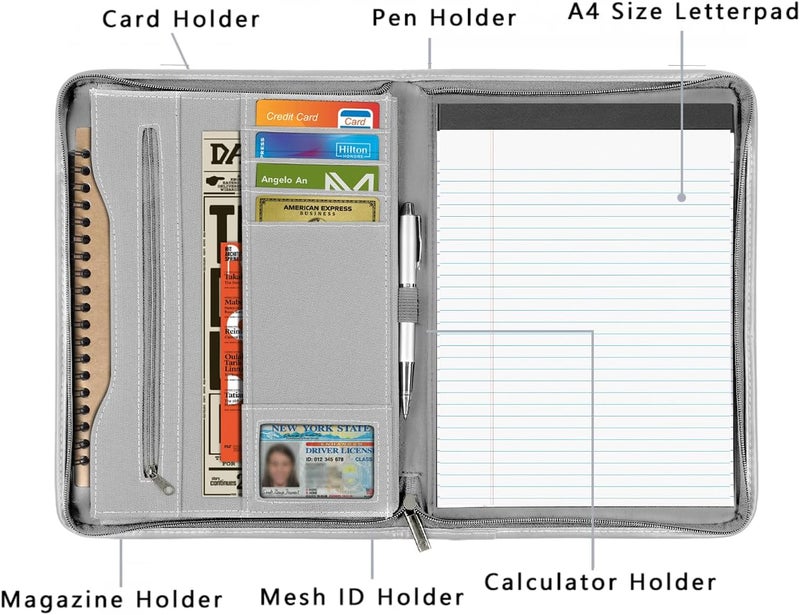 Gorbado Zippered Portfolio Organizer/ A4 Refillable Lined Writing Notepad Folder Case/Fabric-Covered Padfolio Binder with Interior Storage Pocket for Men Women, Gray. - Image 3